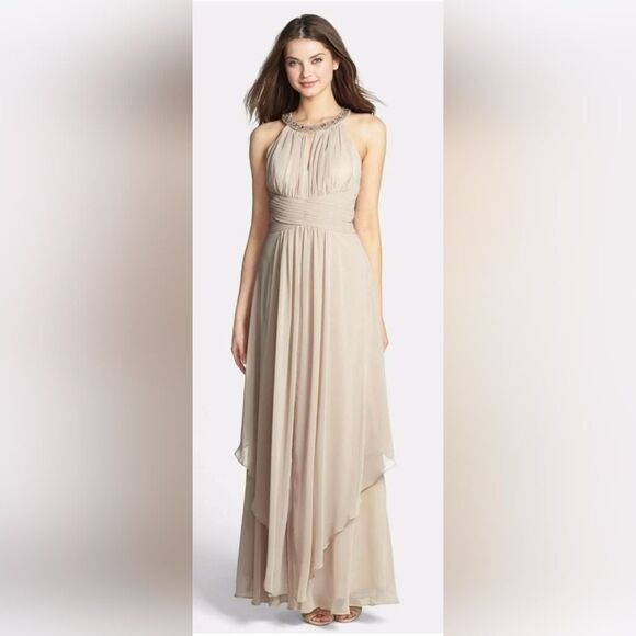 Eliza J Embellished Tiered Chiffon Halter Gown Dress NWT Sz 10 Champagne